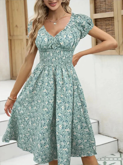 Women's Summer Floral Dress – Fluffy Cuffs & Pleated Waist