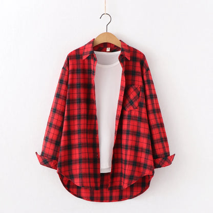 Women's plaid flannel shirt, loose fit, spring casual style