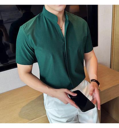 Men’s stand collar V-neck stretch shirt white fashion