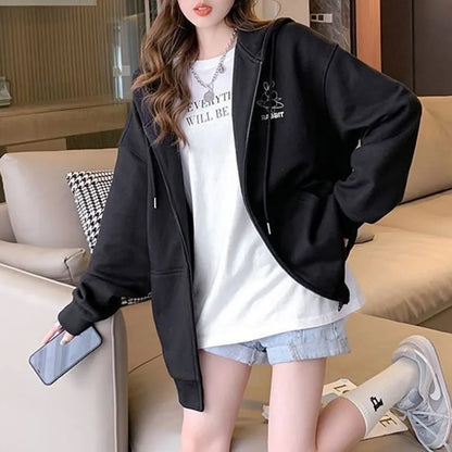 Women Embroidered Zip-Up Hoodie Casual Loose Streetwear Sweatshirt