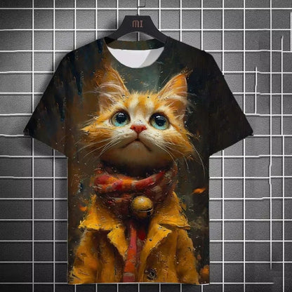 Oversized 3D Cat Print Tee – Unisex Summer Fashion