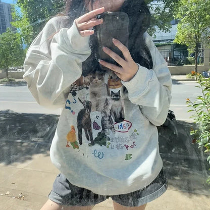 Milk Cat Graphic Sweatshirt for Women – Autumn Winter Streetwear