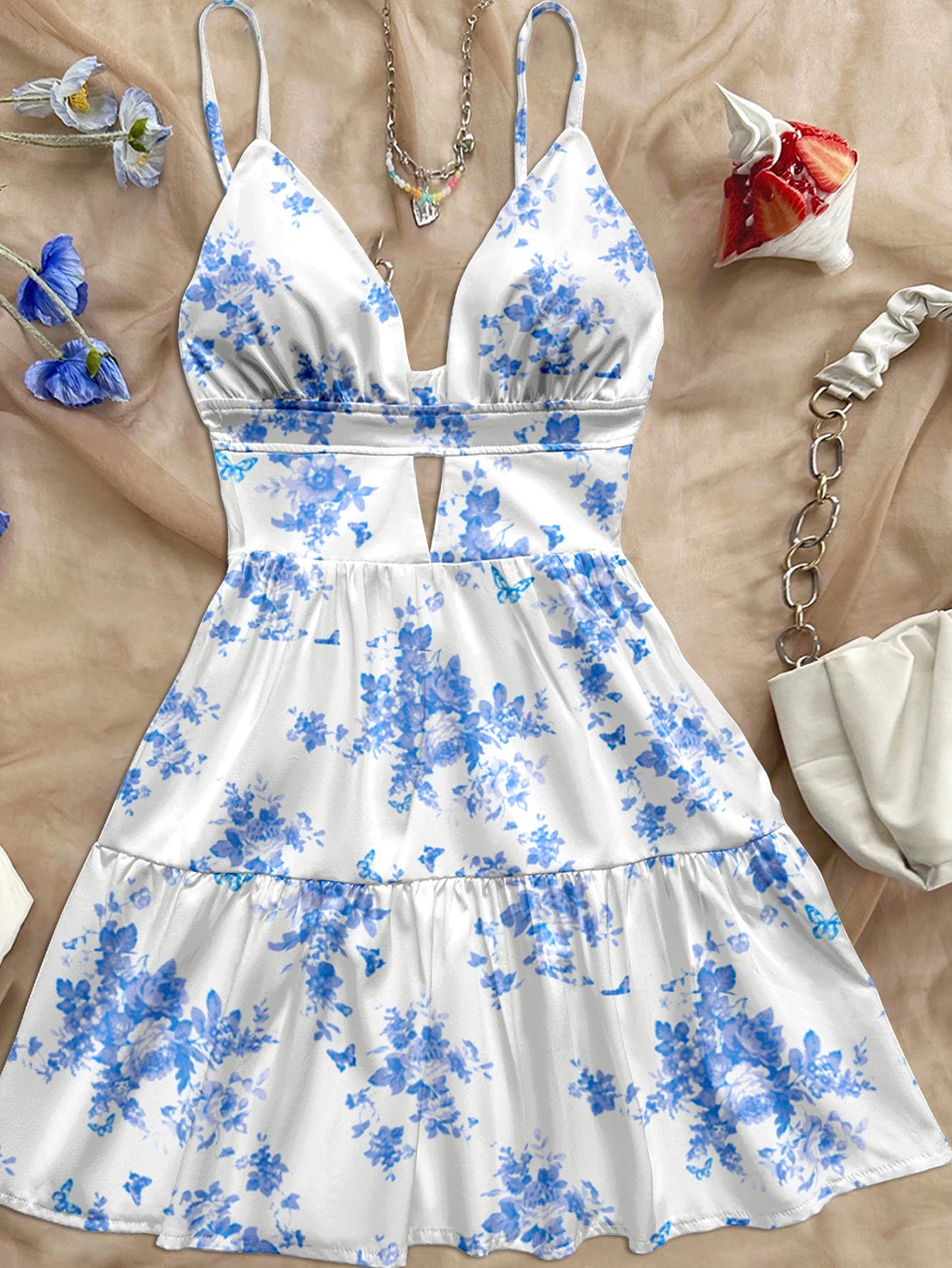 Women's Light Blue Floral Summer Dress – Slim Fit Beach Vacation Outfit