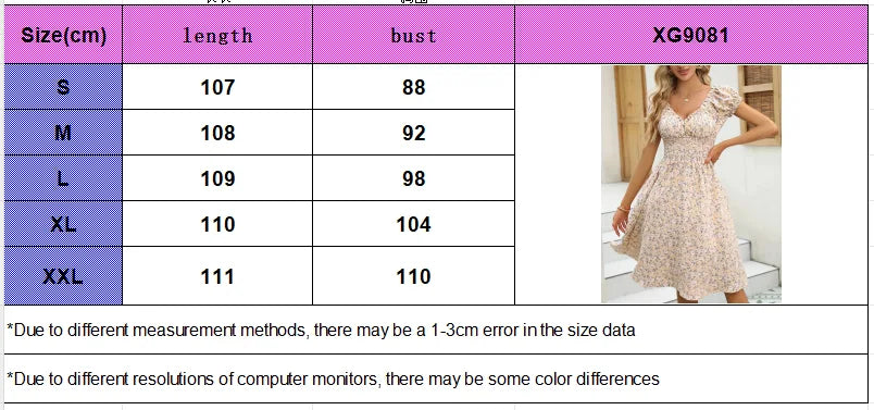 Women's Summer Floral Dress – Fluffy Cuffs & Pleated Waist