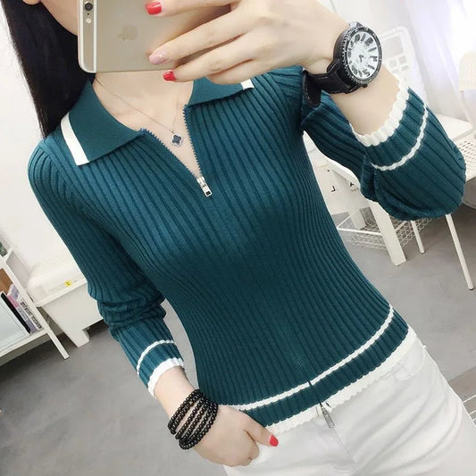 Autumn Spring Women Knitted Pullover Sweater Casual V-Neck Zipper Top