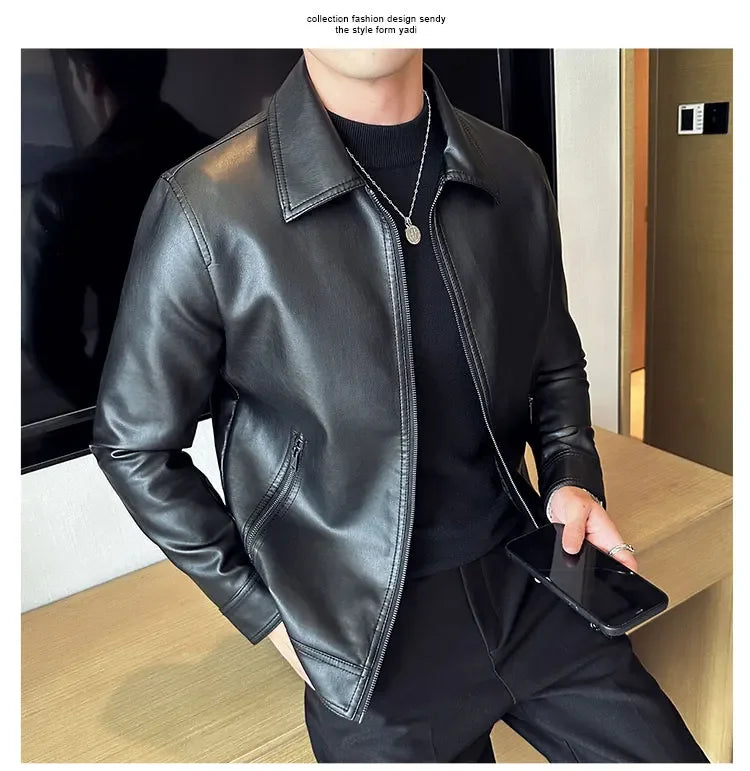 Men Bomber PU Leather Jacket – Slim Fit Casual Motorcycle Coat 2024