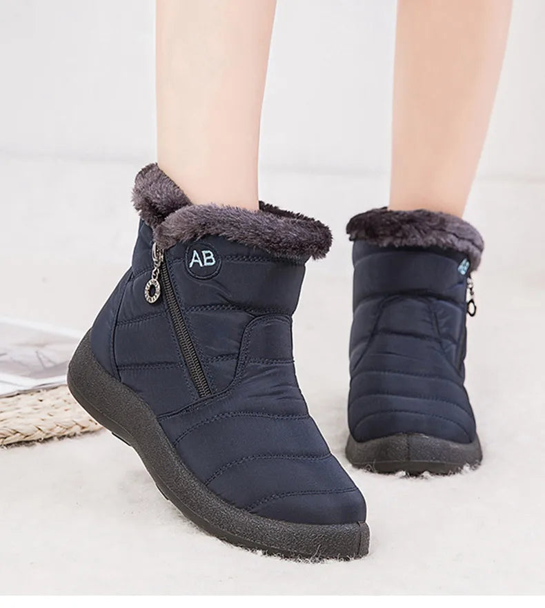 Stylish women's ankle boots with fur, low heels, waterproof winter shoes