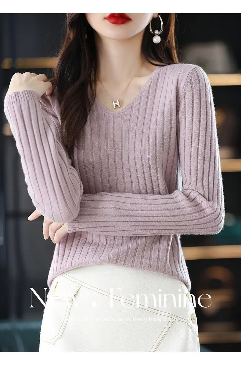 Women V-Neck Knitted Sweater Long Sleeve Top
