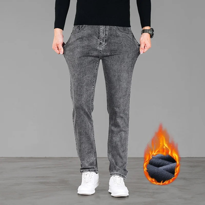 en’s winter fleece jeans, warm, loose straight fit casual and versatile