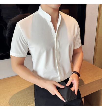 Men’s stand collar V-neck stretch shirt white fashion