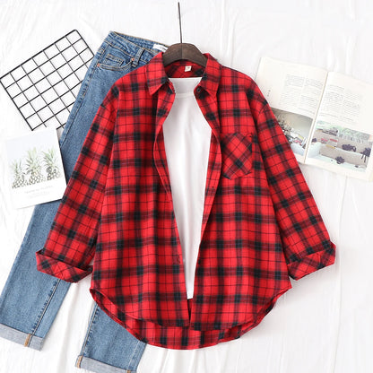 Women's plaid flannel shirt, loose fit, spring casual style