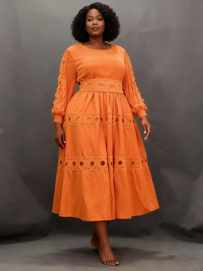 Elegant pleated plus-size dress, lace, belt, stretchy, chic