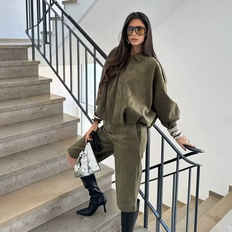 Women Two-Piece: High-Waist Shorts & Loose Jacket