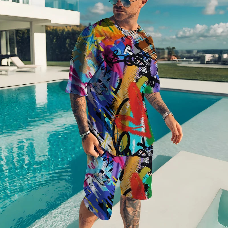 Men’s 2-Piece Summer Casual Set – 3D Print T-Shirt & Shorts