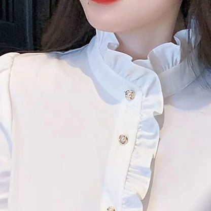 Elegant French style white women’s shirt, long sleeve top