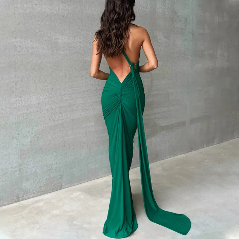 Hugcitar One Shoulder Backless Ruched Maxi Dress Women Y2K