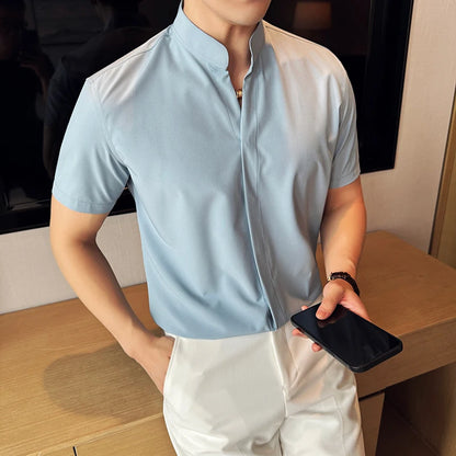 Men’s stand collar V-neck stretch shirt white fashion