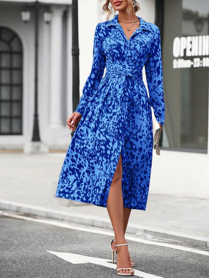 Elegant belted midi shirt dress, long sleeve, office casual
