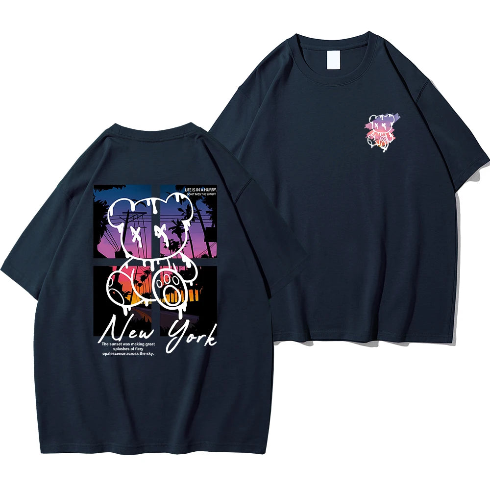 New York Art Cartoon Bear Sunset Cotton T-Shirt