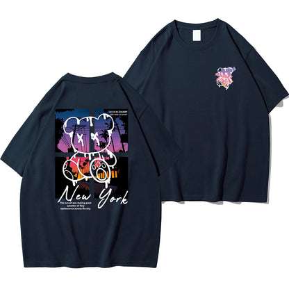 New York Art Cartoon Bear Sunset Cotton T-Shirt