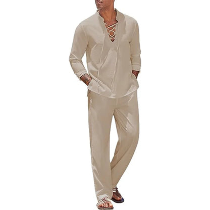 Men’s 2pcs Cotton Linen Beach Set Shirt & Pants