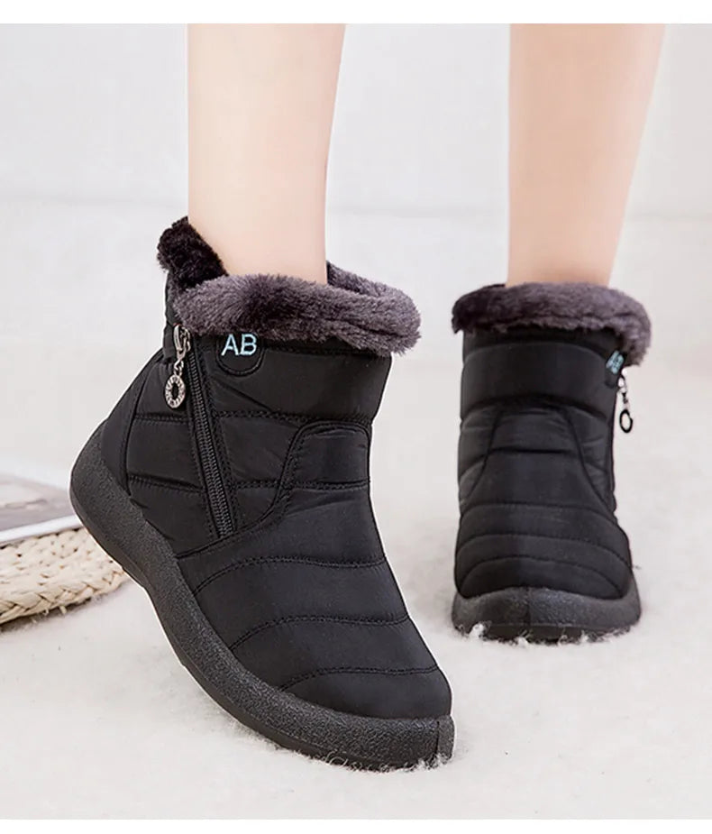 Stylish women's ankle boots with fur, low heels, waterproof winter shoes