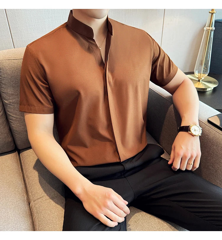 Men’s stand collar V-neck stretch shirt white fashion