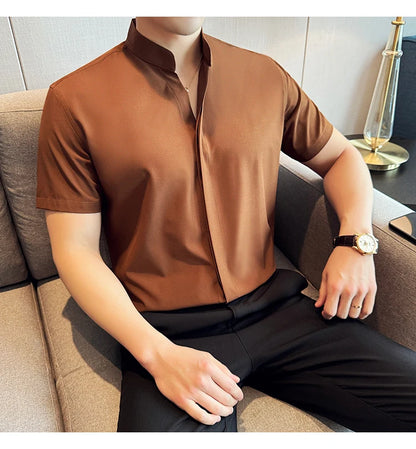 Men’s stand collar V-neck stretch shirt white fashion