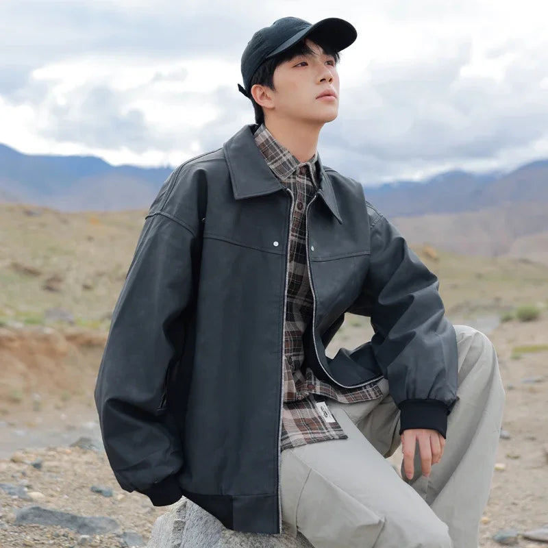 Men's Korean PU Leather Biker Jacket Brown Zipper Coat