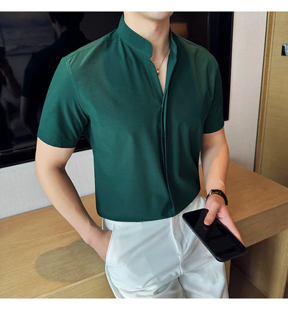 Men’s stand collar V-neck stretch shirt white fashion