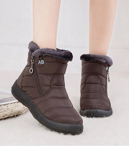 Stylish women's ankle boots with fur, low heels, waterproof winter shoes