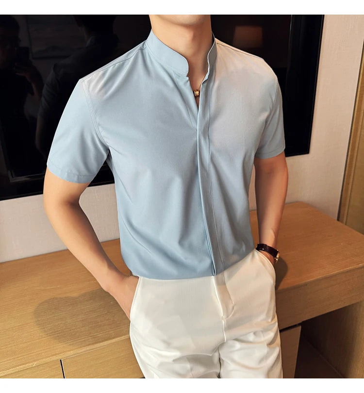 Men’s stand collar V-neck stretch shirt white fashion