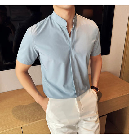 Men’s stand collar V-neck stretch shirt white fashion
