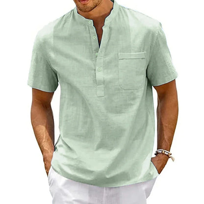 Men's Cotton Linen Henley Pocket Tee Casual Summer Shirt