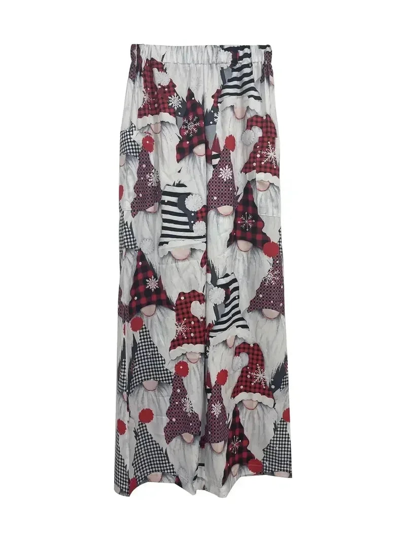 Plus Size Christmas Print Wide Leg Pants