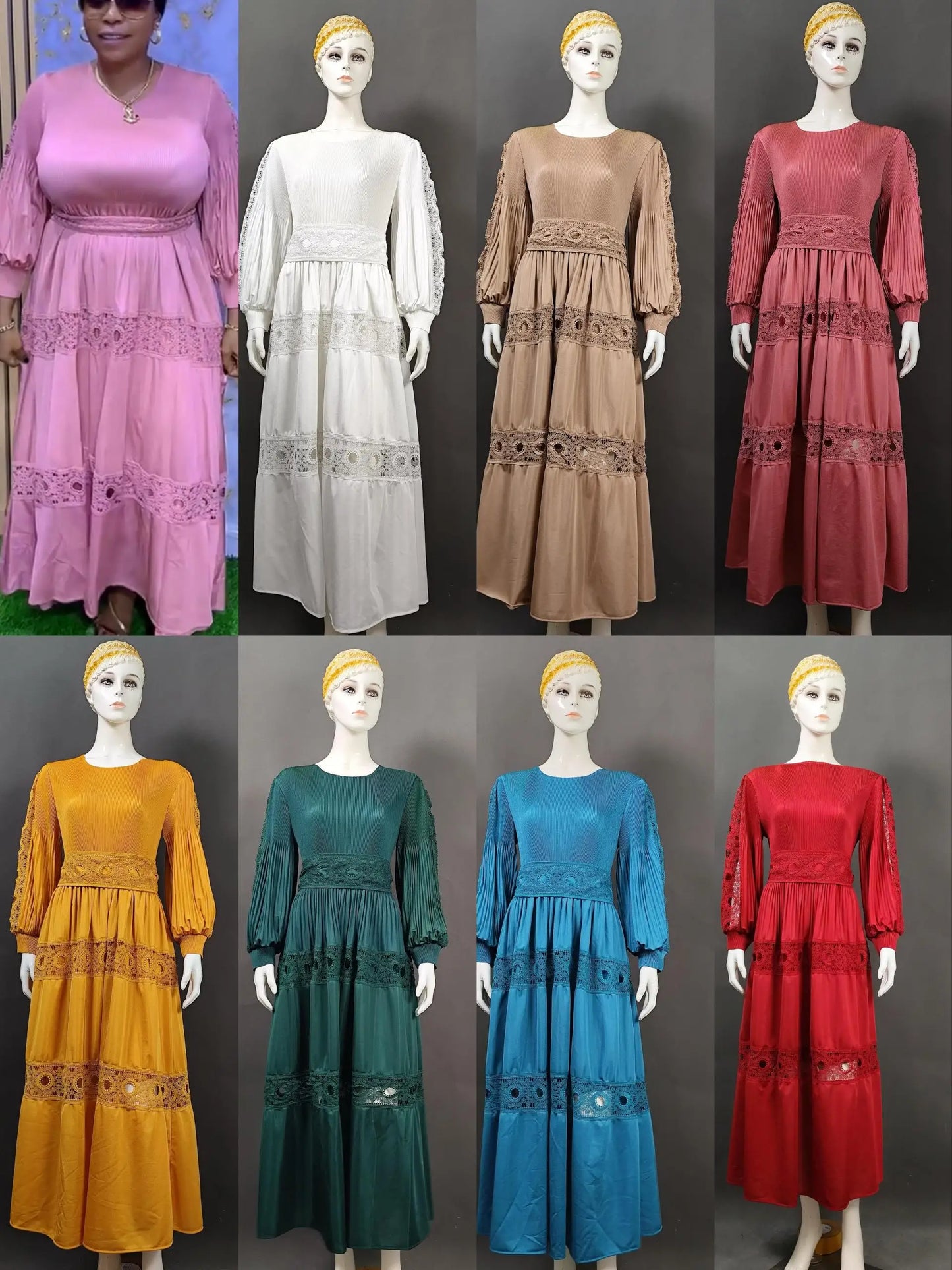 Elegant pleated plus-size dress, lace, belt, stretchy, chic