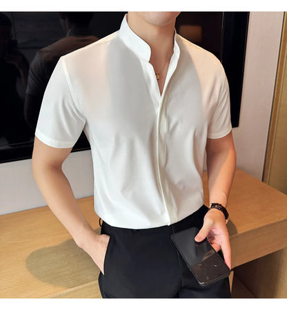 Men’s stand collar V-neck stretch shirt white fashion