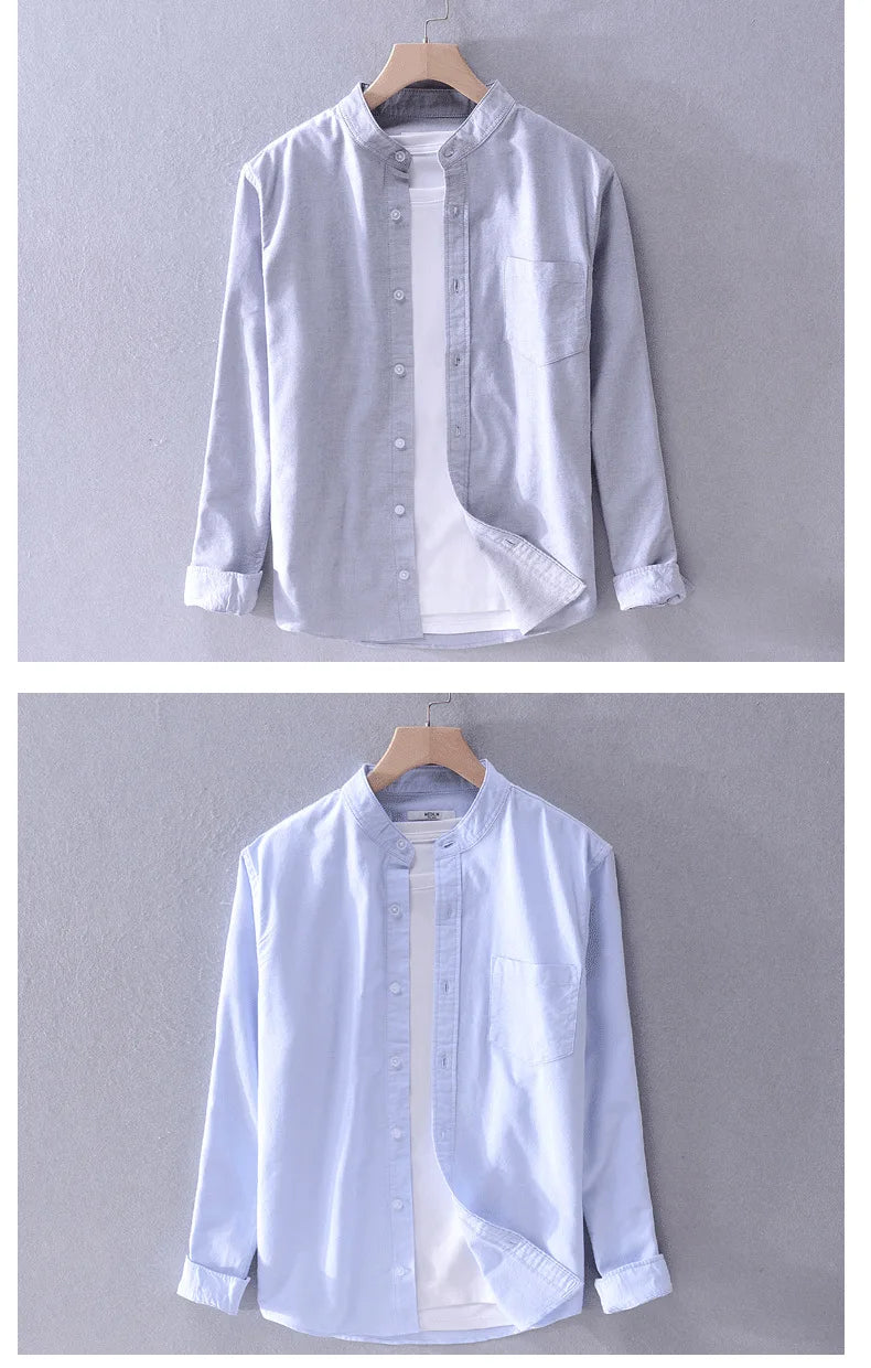 Men’s cotton Oxford shirt, stand collar, casual, comfortable white