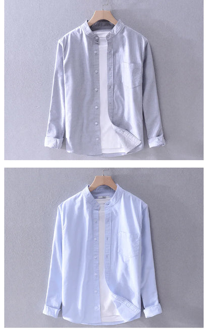 Men’s cotton Oxford shirt, stand collar, casual, comfortable white