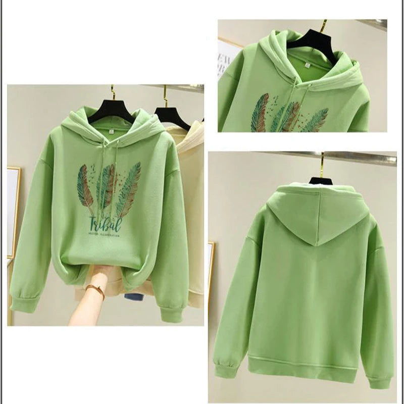 Women’s Feather Print Hoodie - Autumn Winter Casual