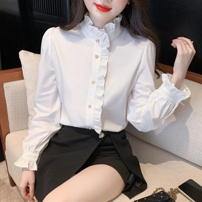 Elegant French style white women’s shirt, long sleeve top