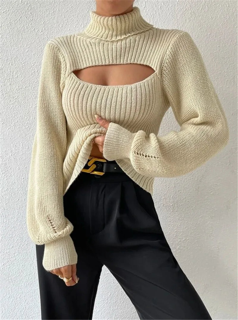 Sexy loose sweater with high neck and hollow design
