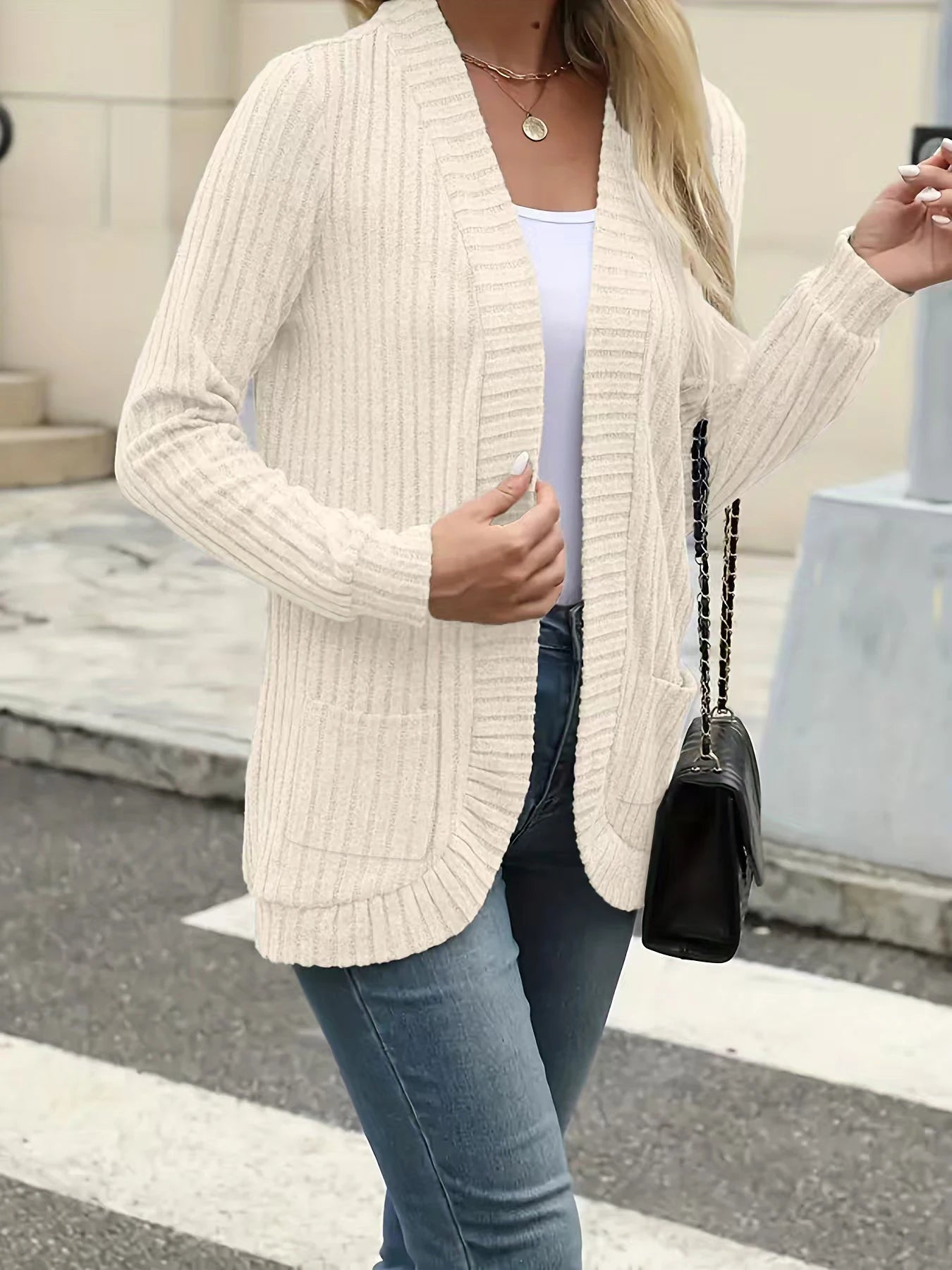 New fashion women's solid color casual pit stripe brushed cardigan jacket