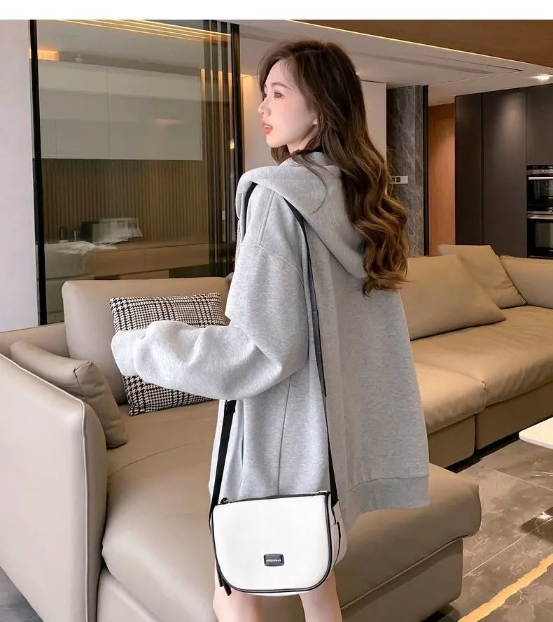 Women Embroidered Zip-Up Hoodie Casual Loose Streetwear Sweatshirt