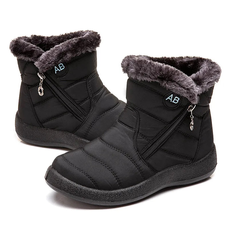 Stylish women's ankle boots with fur, low heels, waterproof winter shoes