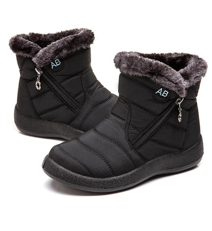 Stylish women's ankle boots with fur, low heels, waterproof winter shoes