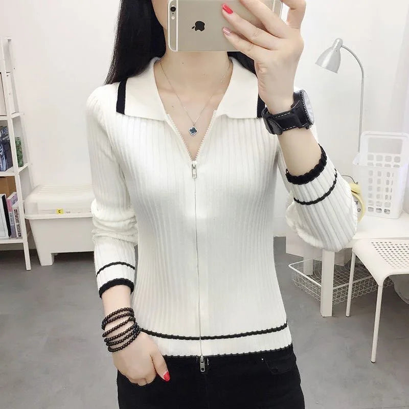 Autumn Spring Women Knitted Pullover Sweater Casual V-Neck Zipper Top