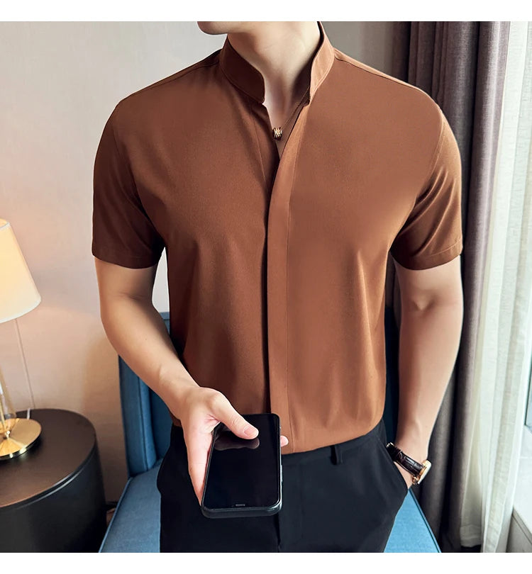 Men’s stand collar V-neck stretch shirt white fashion