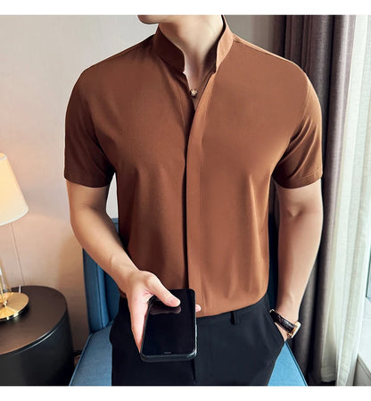 Men’s stand collar V-neck stretch shirt white fashion