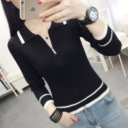 Autumn Spring Women Knitted Pullover Sweater Casual V-Neck Zipper Top